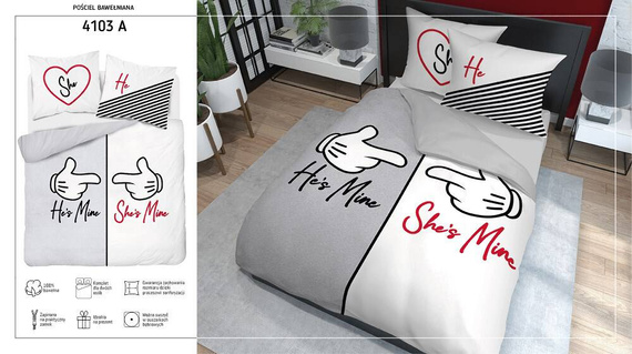 4103 A Holland 129 Pościel bawełniana He`s Mine She`s Mine Detexpol szary/biały